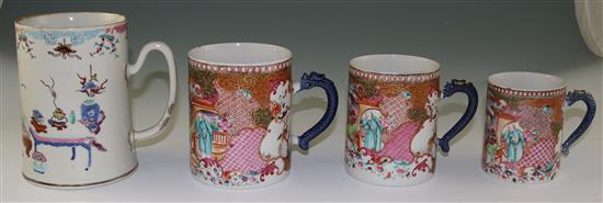 A graduated set of three Chinese export famille rose mugs and another larger, Qianlong period, 10cm-13cm and 16.5cm (4)